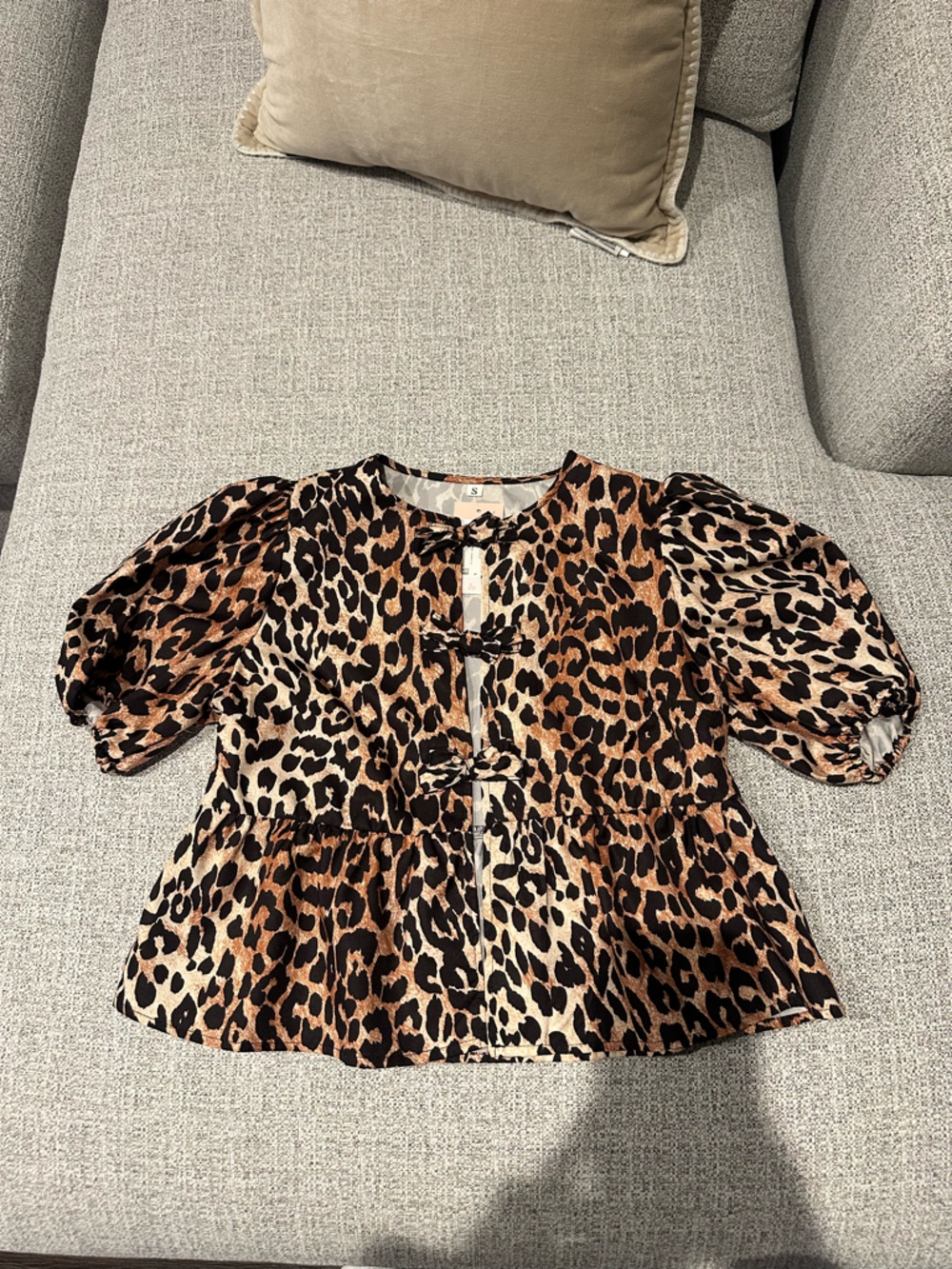 Leopard Print Puff Sleeve Blouse - Brown